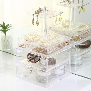 Organizador de jóias empilhável, 3 peças, à prova de poeira, caixa de plástico para exibição de jóias, anel, colar e brincos, caixa de armazenamento de jóias