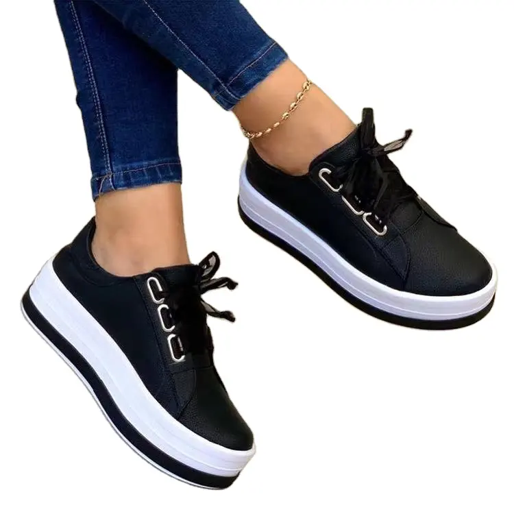 2024 Lightweight Breathable Walking Shoes Thick Lace-up Sneakers for Women Fashionable Women's Casual Shoes PU Cotton
