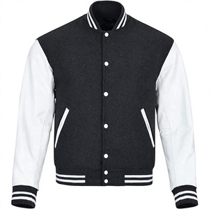 Veste universitaire en laine pour homme, noir et blanc, manches décontractées, style universitaire, col rabattu, coupe régulière, fermeture à boutons - Product Image 1