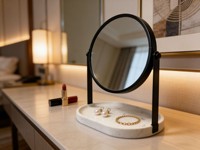 Miroir de maquillage rotatif à 360 degrés en métal noir, miroir de table rond avec plateau de rangement en résine imitation marbre, vente en gros