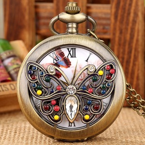 Top Luxury Gold Butterfly Crystal Diamond-encrusted Quartz Pocket Watch Elegant Women <strong>Retro</strong> Fob Chain <strong>Clock</strong> Charm Pendant Chain - Product Image 2