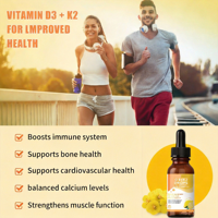 Gouttes de Vitamine D3 + K2 pour la Santé des Adultes, Renforce le Système Immunitaire, Soutient la Solidité des Os, 60 ml, Améliore la Densité Osseuse