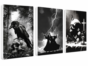 Set de 3 Cuadros Decorativos de Calavera de Cuervo y Bruja en Blanco y Negro, Arte Gótico Oscuro y Espeluznante, Lienzo Enmarcado, Decoración de Halloween para Dormitorio y Hogar - Product Image 2