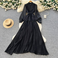 Robe longue élégante pour femme WIWT, à manches longues, en dentelle, à franges, plissée, style A, décontractée, col haut, en mousseline de soie, ornée de perles, pour tous les jours et les soirées