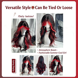 Vente directe usine Perruque longue bouclée avec mèches rouges, style Lolita sombre, en fibre haute température, pour femme - Product Image 2