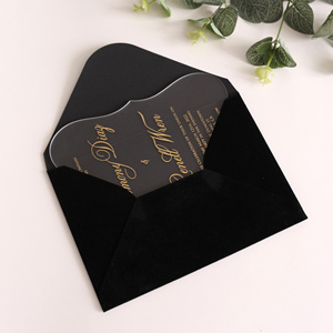 Carte d'invitation <span class=keywords><strong>en</strong></span> acrylique transparente populaire avec feuille d'or, enveloppe <span class=keywords><strong>en</strong></span> velours noir, texte personnalisé pour invitation de mariage - Product Image 4