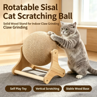 Balle à gratter rotative en sisal pour chat avec support en bois massif – Jouet vertical d'intérieur pour le nettoyage des griffes et l'auto-entretenissement du chat