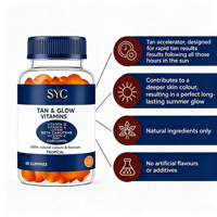Gummies Accélérateurs de Bronzage OEM Tan Glow Vitamins – Produits de Beauté à base de Bêta-Carotène et Vitamine D pour un Teint Naturellement Hâlé – 60 Unités