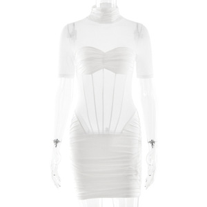 European And American Export Autumn <b>Winter</b> Solid Color Stand Neck Dress Short Sleeve Translucent <b>Tight</b> Hip Hugging Mini Dress - Product Image 5