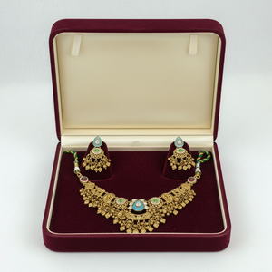 Traditional Silver Heavy Kundan Choker Necklace <b>Set</b> with Blue Green Stones Coin <b>Beads</b> and Matching Earrings - Product Image 3