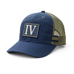Casquette Trucker Structurée à 5 Panneaux Bicolore Personnalisée en Gros, Profil Moyen, Maille Bleu Marine et Vert Olive avec Logo Tissé - Product Image 1