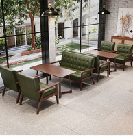 Set Sofa Berlapis Kain Kulit Oil-Wax dengan Rangka Kayu Solid dan Meja Veneer PVC untuk Kafe Minuman Teh Susu