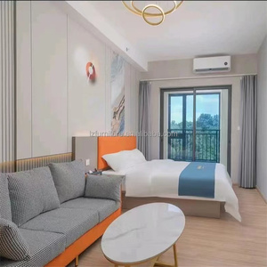 Commercial Hospitality Bedroom Set <b>Queen</b> King MDF Panel <b>Bed</b> <b>Frame</b> with Soft Orange Headboard Nightstand for 3 Star Hotel Project - Product Image 1
