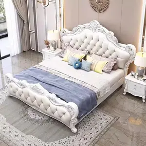 Fransız saray yatak avrupa tarzı ana yatak odası boyalı katı ahşap oyma lüks villa düğün yatak prenses yatak