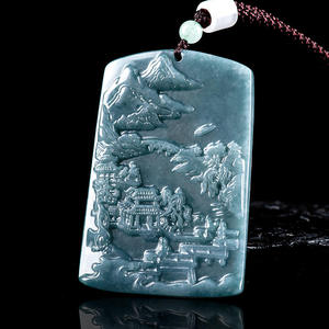 Pendentif en Jade Naturel de Jadéite Bleue, Motif Paysage Montagneux et Carte de Résidence, Design Original UNISEXE SS09 - Product Image 1