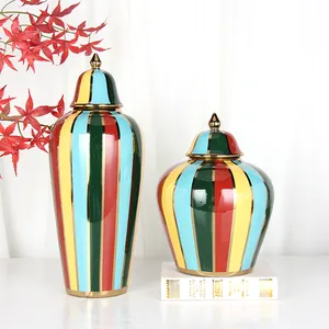 J020 ceramic storage jar colorful line decor ceramic can tabletop ginger jar decoration