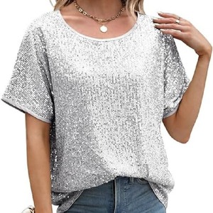 Women <b>Sequined</b> Loose Fit Asymmetric <b>Top</b> Short Sleeve Party Casual Blouse Sheer Layer - Product Image 3