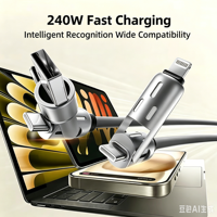 Câble USB Type-C 4-en-1 à charge rapide 240W PD avec lumière LED pour Android/iOS, appareil photo, ordinateur portable et tablette - Silicone souple