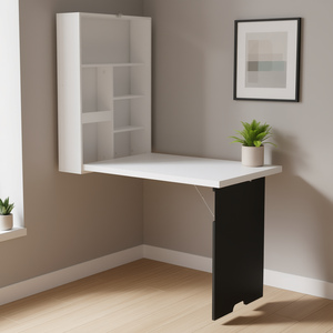 Scrivania da Parete Pieghevole con Ripiani Bianchi, Design Estraibile per Ufficio Domestico, Superficie in MDF e Plastica - Product Image 2
