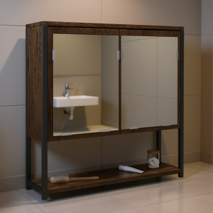 Armoire de salle de bain avec miroir, cadre en bois de chêne fumé, métal noir, fixation murale, rectangulaire, 60+ pouces, porte en verre, étagère de rangement - Product Image 2