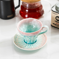 Tasse et soucoupe en céramique à glaçure cristalline dégradée cyan, à rayures verticales en relief, pour thé et café, pour la maison, le café, cadeau, achat en gros