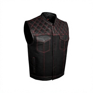 Chaleco de Cuero Negro para Hombre, Estilo Motero, con Costuras Rojas, Diseño Acolchado, Cuello Mao, Cortavientos, Prenda Exterior Sólida para Invierno - Product Image 1