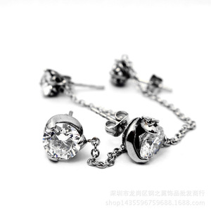 yunnique Drop <b>Earrings</b> Black Round <b>Stud</b> With <b>Chain</b> Titanium Steel Bezel Setting Geometric Design Fashion Jewelry - Product Image 4