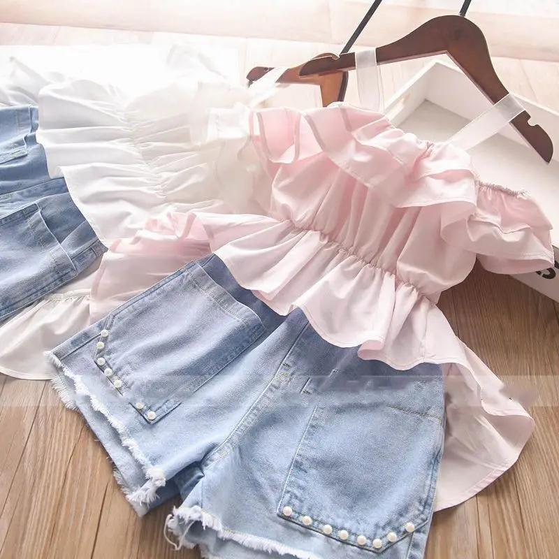2021 Fashion Toddler Kids Girls Clothes Sets 2pcs Mesh Sleeveless Tops dress denim Shorts Outfit girls pearl clothes