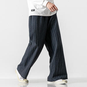 กางเกงขากว้างลายทางทรงหลวมแบบลำลองสไตล์จีนสำหรับฤดูใบไม้ร่วงและฤดูหนาวกางเกงผ้าฝ้ายและผ้าลินิน - Product Image 4