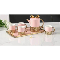 Offre Spéciale : Ensemble de Tasses en Céramique Dorées avec Nœud Papillon – Blanc, Noir, Rose, Vert – 4 Petites Tasses et 1 Bouteille d'Eau