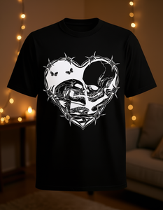 T-Shirt Unisex con Stampa Teschio e Cuore, Nero e Bianco, Stile Semplice, Manica Corta, Collo Tondo, Vestibilità Regolare, 100% Cotone, Lavabile in Lavatrice - Product Image 2