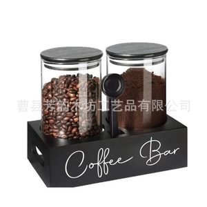 Juego de recipientes para almacenar granos de café con base de madera y cuchara, contenedor de vidrio hermético para exhibir en un barra de café - Product Image 4