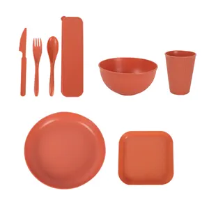 32pcs Eco-friendly Unbreakable Dinnerware Bamboo Fiber Lightweight Plates Cups Bowls Wheat Straw Plastic Tableware Set