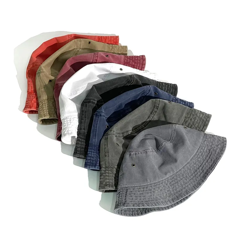 Pescador de algodón lavado Vintage a granel, Logo bordado 3d personalizado, diseño vaquero, tu propio sombrero de cubo