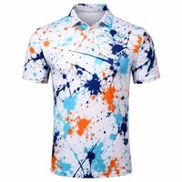 Polo de golf pour homme avec imprimé intégral |   Peinture abstraite effet éclaboussures d'encre Bleu marine Orange Turquoise Blanc |   Tissu extensible quadridirectionnel à transfert thermique