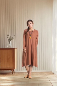 Vestido Tipo Bata de Lino para Mujer A98, Venta al Por Mayor, Casual, Manga Corta, Cuello en V, Ecológico, Transpirable, Maxi Vestido Línea A, Ropa OEM ODM - Product Image 6