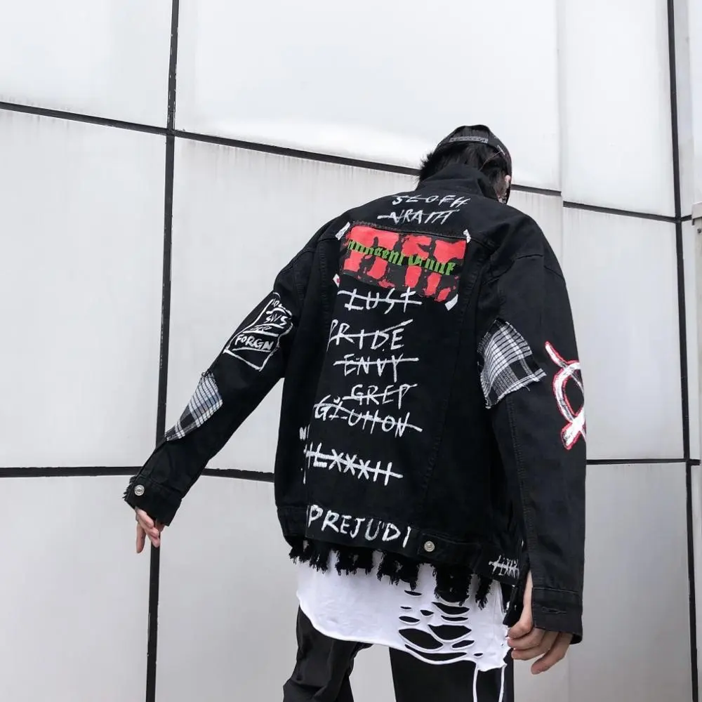 Men Black Denim Jacket Ripped Men's Jean Jacket Coat OEM Service Hip Hop Plus Size Jackets Print Custom Fancy Graffiti Knitted