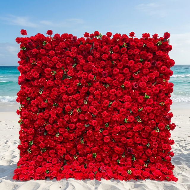 Wedding Backdrop Background Photography 3D 5D Red Flower Wall Backdrop 8Ft X 8Ft With Green Leaves Roll up Flower Wall Backdrop