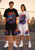 Ensemble T-shirt et short pour homme personnalisé en coton mélangé respirant, tricoté, imprimé numériquement avec un motif de cheval sauvage flamboyant, style streetwear, col rond