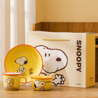 Service de table en céramique Snoopy, 4 pièces, pour 1 personne, comprenant bol, assiette, tasse, cuillère, avec boîte cadeau, vaisselle mignonne