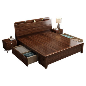 Solid Wood <b>Bed</b> With Storage 1.8M Walnut Modern Minimalist <b>Double</b> <b>Bed</b> For Bedroom - Product Image 4