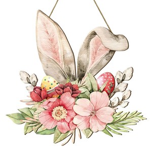 Easter Bunny Wooden Door Hanger Pink Floral Design Handmade Home Decor For Spring Celebration - Product Image 5