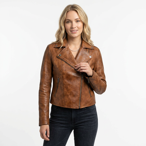 Chaqueta Bomber Clásica Unisex Color Bronceado, Piel de Vaca, Impermeable, Transpirable, Resistente al Viento, Acabado Vintage Desgastado, Cierre Asimétrico, Invierno - Product Image 1