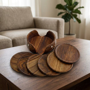 Handcrafted Wooden Coaster <b>Set</b> with Holder <b>Round</b> Wooden Drink Coasters <b>for</b> Coffee <b>Table</b> <b>Dining</b> <b>Table</b> Home Decor (<b>Set</b> of 6) - Product Image 5