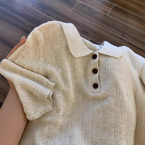 Suéter de Punto para Mujer, Estilo Polo, Color Sólido, Manga Corta, Corte Holgado, Cuello con Botones, Estilo Casual, Color Gris - Product Image 3