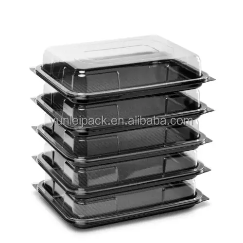 High quality black rectangular stackable food catering tray clear plastic sandwich box platters package with transparent lids