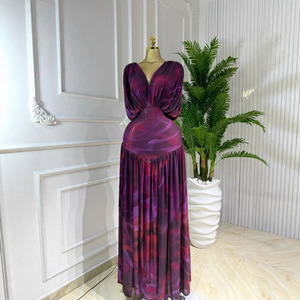 Vestidos de otoño para mujer con cuello en V fruncido, manga murciélago y estampado, a la moda - Product Image 3