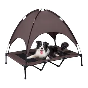 Large Folding Elevated Dog Bed with Canopy and Polyester Fabric Convenient Pet Bed