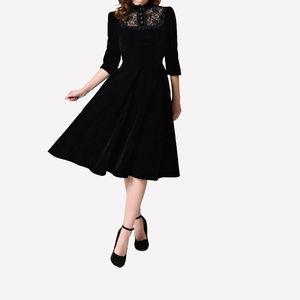 Black Half Sleeve Midi Length Embroidery Tulle Womens <strong>50s</strong> 60s Vintage Party <strong>Dresses</strong> - Product Image 3