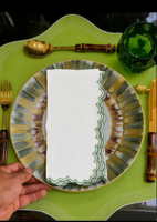 Serviettes en lin et coton brodées à la main, modernes, carrées, à bordure festonnée, vertes, pour la décoration de table